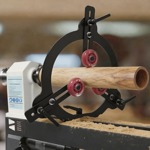 Rock Solid Woodturning Steady Rest For 12 14 And 16 Inch Swing Lathes with wood piece held by clamps during lathe work.