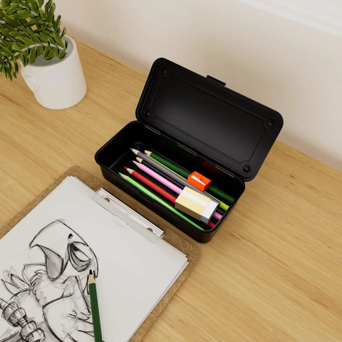 Small Metal Tool Box With Latch Portable Mini Steel Toolbox With Lid for Tools Car Workshop and Crafts 7.9 Inch Black