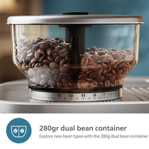 Semi Automatic Espresso Machine With Drip Free Barista Creations 58 Millimeter Portafilter dual bean holder filled with coffee beans.