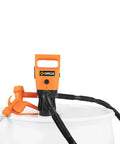 Heavy Duty Electric Drum And Ibc Tote Pump Pushes 5 Gpm Effortless, Features Telescopic 33 To 49 Inch Shaft, UL Listed Plug And Play Power Adapter, with hose on a white barrel.