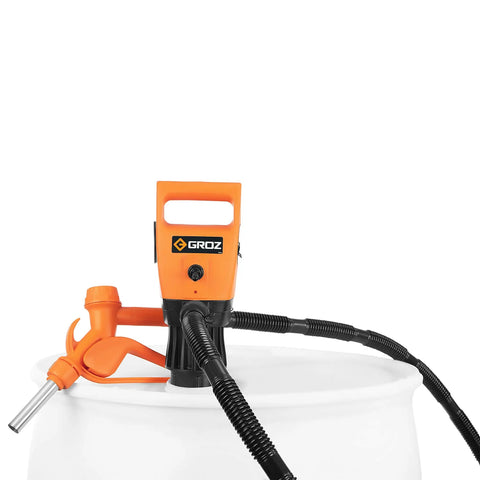 Heavy Duty Electric Drum And Ibc Tote Pump Pushes 5 Gpm Effortless, Features Telescopic 33 To 49 Inch Shaft, UL Listed Plug And Play Power Adapter, with hose on a white barrel.