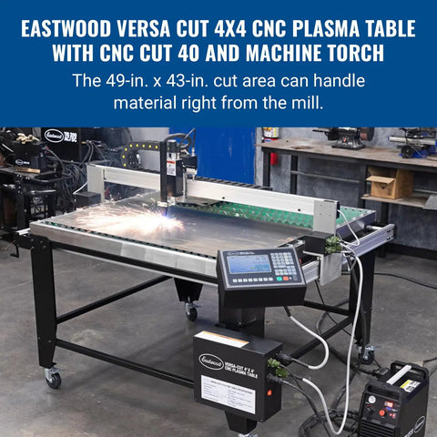 Versa Cut 4x4 CNC Plasma Table with 40A Plasma Cutter and Cutting Torch in metal workshop setting