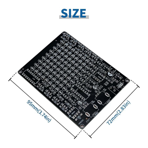 LED PCB Board Chaser Soldering Practice Kit For Beginners showing size 95x72mm with marked pads for DIY projects