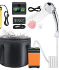 Portable Camping Shower Kit With 7800mAh Battery, Built In Heater, LED Display, IPX8 Waterproof system components shown