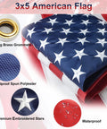 Close-up of embroidered stars and brass grommets on the 3x5 American flag in the Heavy Duty 5 Ft Stainless Steel Flag Pole Kit.