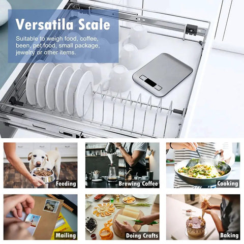 Digital Kitchen Scale For Baking And Weight Loss Grams Ounces For Cooking With Backlit LCD Tare Function Stainless Steel shown in kitchen use