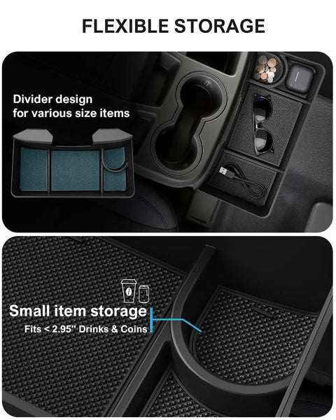 Center Console Hanging Organizer Box With Compartments For Split Bench Seats Fits 2019 To 2026 Silverado 1500 And 2020 To 2026 Silverado 2500HD 3500HD Sierra GMC Trucks Keeps Your Gear Sorted And Your Cabin Neat showing flexible storage and divider design.