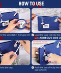 No Sweat Heavy Duty Bag Sealer With Razor Edge Trimmer And Six Pack Assorted Color Rolls - showing usage steps for bag sealing.