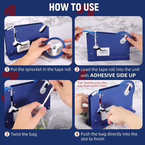 No Sweat Heavy Duty Bag Sealer With Razor Edge Trimmer And Six Pack Assorted Color Rolls - showing usage steps for bag sealing.