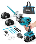 SEESII blue cordless reciprocating saw with 2x4.0Ah batteries, 6 blades, charger, safety glasses, gloves, and bag