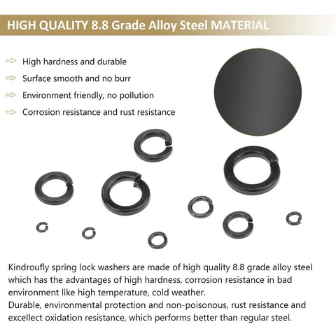 Kindroufly 1000-piece set of 8.8 grade alloy steel lock washers, 9 sizes (M2–M12), spring & split types