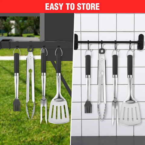 Heavy Duty BBQ Tool Set With Premium Stainless Steel Spatula Fork Brush And Tongs for Grilling Lovers Easy to Store Indoors Outdoors