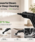 Handheld Steam Cleaner With 2500W Beast Mode Power And 1600Ml Tank, nozzle releasing steam on sofa for stain removal.