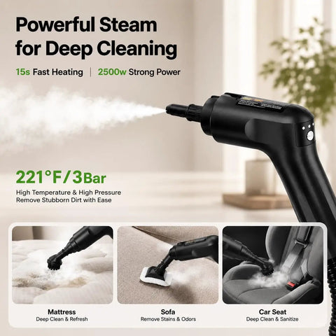 Handheld Steam Cleaner With 2500W Beast Mode Power And 1600Ml Tank, nozzle releasing steam on sofa for stain removal.