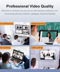 Sweet 120 Degree Wide Angle Webcam Loaded With Punchy Noise Canceling Mic For Zero Glitch Boardroom Meetings And Totally Hassle Free Telecommuting Video Calls On Any Desktop, used in various video call setups.