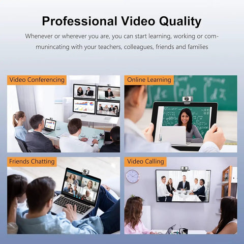Sweet 120 Degree Wide Angle Webcam Loaded With Punchy Noise Canceling Mic For Zero Glitch Boardroom Meetings And Totally Hassle Free Telecommuting Video Calls On Any Desktop, used in various video call setups.