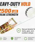 4 Pack Heavy Duty 1 Inch By 10 Foot Endless Ratchet Tie Down Straps Locked In Tough For Secure Hauling With 2500 Pounds Breaking Strength and No Slip Grip, showing ratchet buckle and strap