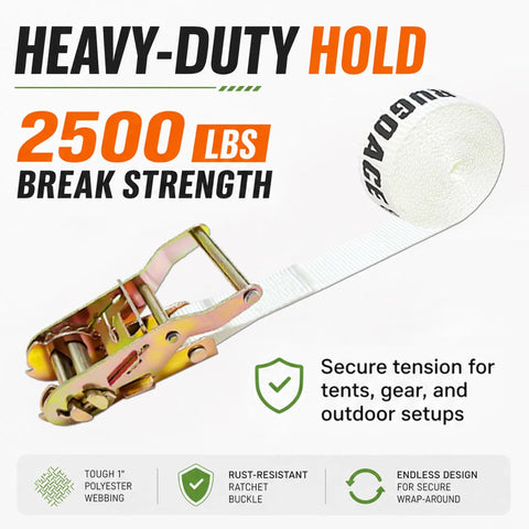 4 Pack Heavy Duty 1 Inch By 10 Foot Endless Ratchet Tie Down Straps Locked In Tough For Secure Hauling With 2500 Pounds Breaking Strength and No Slip Grip, showing ratchet buckle and strap