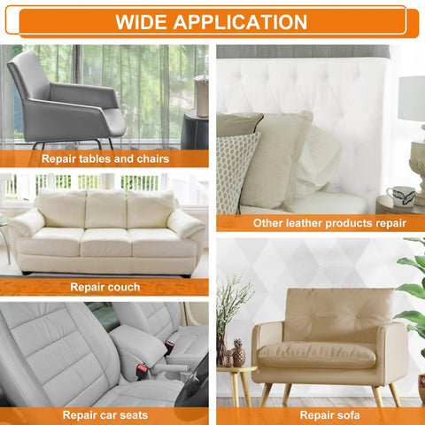 Image showing applications of Self Adhesive Leather Repair Patches Tape 8x11 Inch Beige for couches, chairs, car seats, and sofas.