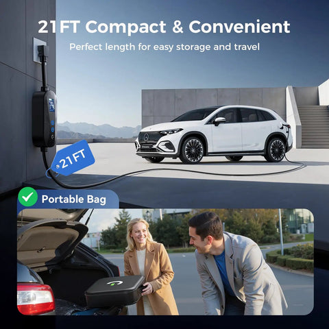 Portable J1772 EV Charger For All J1772 EVs And PHEVs Level 1 And 2 in use with car, 21ft cable, portable bag shown