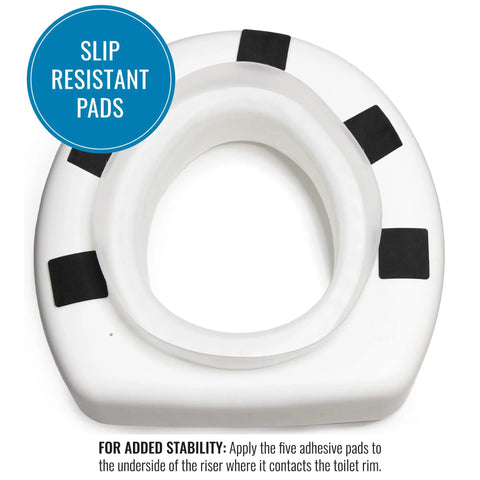 5 Inch Elevated Toilet Seat Riser For Seniors With Round Bowl Slip Resistant Pads Cushioned Comfort Easy Sit To Stand Boost Stable Design FSA HSA Eligible, showing top view with slip resistant pads