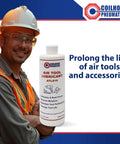 Worker holding Air Tool Lubricant For Pneumatic Tools And Accessories, 16 Ounce Bottle With Flip Top Cap, Rust Inhibiting Formula