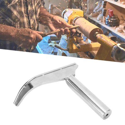 Curved steel lathe tool rest installed on a wood lathe with 25mm holder; silver finish.
