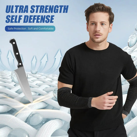 Heavy Duty Cut Resistant Arm Sleeves on a man, showcasing anti puncture protection for cut hazards.