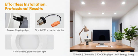 12 Pack 4 Inch Retrofit LED Recessed Lighting with E26 Adaptor, Can Lights with Baffle Trim in modern office setup.