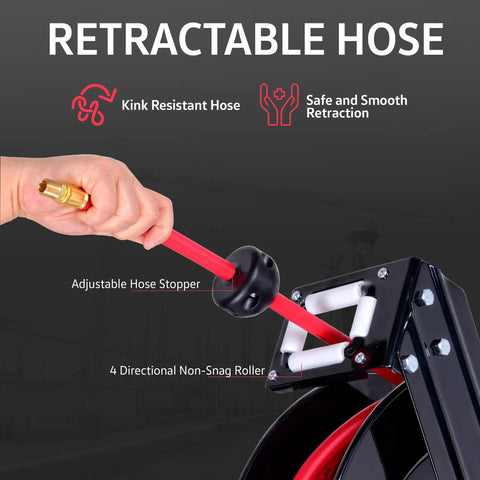 Close-up of adjustable hose stopper and roller on Industrial Retractable Air Hose Reel Three Eighth Inch By Fifty Feet Premium Hybrid Polymer Hose With Steel Construction And Spring Driven Beastly Ultra Heavy Duty For Indoor And Outdoor Use.