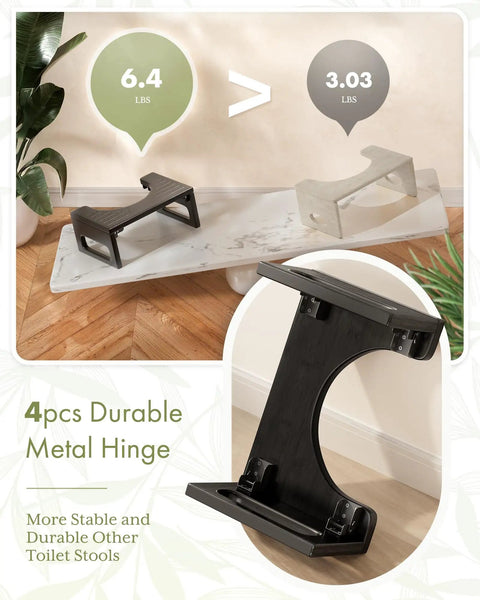 Comparison of two toilet stools, showcasing the weight difference; black stool and metal hinge detail. 7 Inch Folding Toilet Stool For Adults Bamboo Rustic Brown Collapsible Poop Stool With Anti Slip Strip For Bathroom Comfort And Relief From Constipation And Straining Improves Everyday Bathroom Experience.