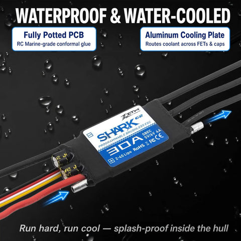 Shark G2 30A Brushless ESC With Water Cooling 2-4S Compatible, showing aluminum cooling plate and waterproof design for RC boats.
