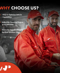 Two mechanics in red uniforms with why choose us text and three bullet points about vehicle window adjustment and smooth operation.