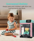 Child playing near DIY 3D Printer Enclosure Kit for Quiet, Safe Printing with Odor Isolation and High Temp Filament Support
