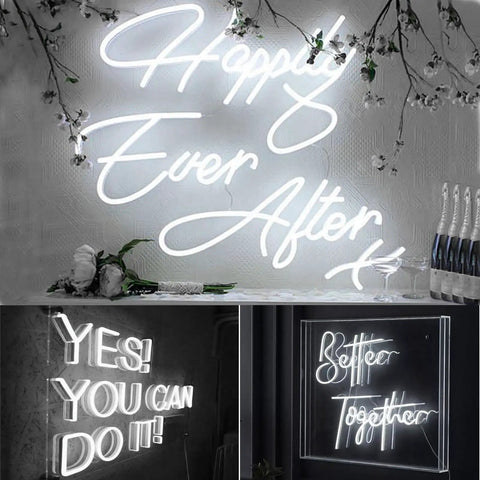 20 Ft LED Neon Rope Lights 110V Daylight White 6000K Waterproof Flexible Connectable Light Strip for Indoor Outdoor Use, displaying decorative phrases.