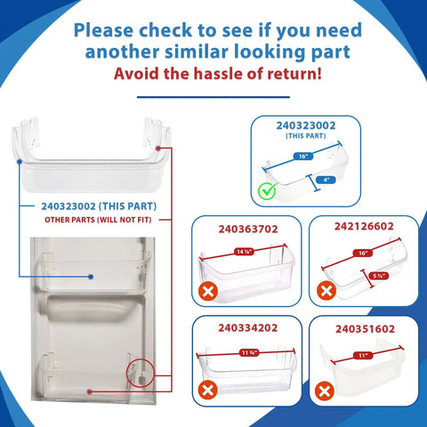 Infographic comparing fridge door bins, highlighting Frigidaire 240323002, with dimensions and part numbers for compatibility.