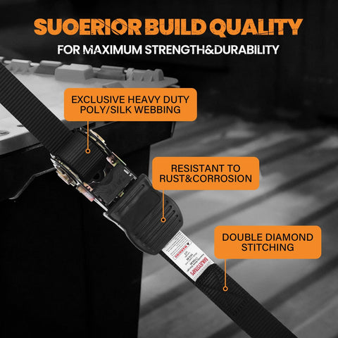 20 Ft Heavy Duty Ratchet Straps 4 Pack, 1 Inch Webbing, 1750 Lb Break Strength, close-up of black strap and metal ratchet