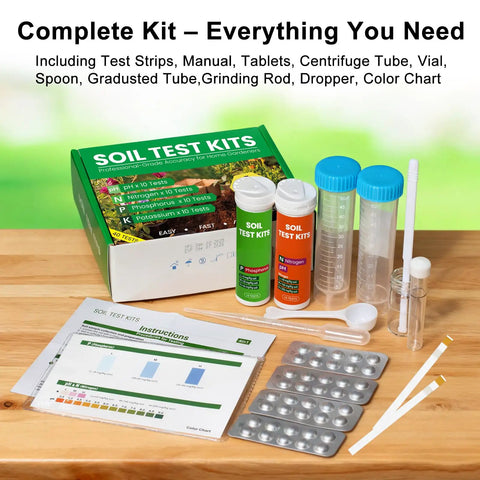 4 In 1 Soil Test Kit For Lawns And Gardens With 40 Tests Including PH Nitrogen Phosphorus And Potassium Readings For Veggie Gardens Lawns And Plants Great For Home Gardeners And Plant Lovers displayed on a table with included tools.