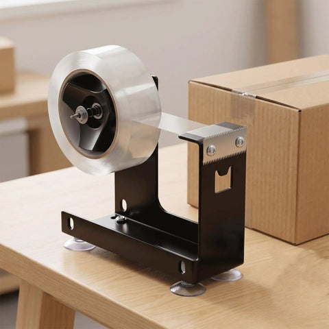Heavy Duty Desktop Tape Dispenser With Solid Steel Base And Precision Serrated Blade For Straight Up Clean Cuts On Packing Boxes And Office Supplies No Sweat Desk Setup on wooden desk.