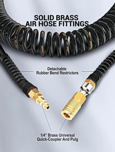 3 Meter Recoil Air Compressor Whip Hose With Quick Connect Twist Lock For High PSI Tasks Spray Gun Paint Jobs Easy Grip Design showing solid brass fittings and rubber restrictors.
