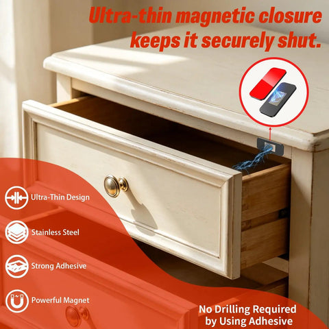 Image of a No Drill Adhesive Magnetic Cabinet Catch keeping a drawer closed, showcasing strong adhesive and stainless steel design.