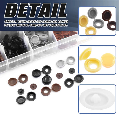 Screw Cap Covers Kit 800 Pcs Two Styles Hinged And Snap Covers 4mm 5mm 6mm 9 Colors in box and individual pieces