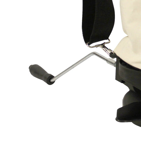 Handheld Broadcast Spreader For Lawn Care With 25 Pound Capacity Calibrated Flow Rate Adjuster Mossy Oak Water Resistant Bag Durable Commercial Grade And Adjustable Strap, focus on metal crank handle view.