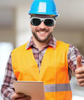 Killer Welding Safety Glasses With Dang Tough Scratch Proof Lens And Boss Level Spark Shield on worker with a hard hat and safety vest