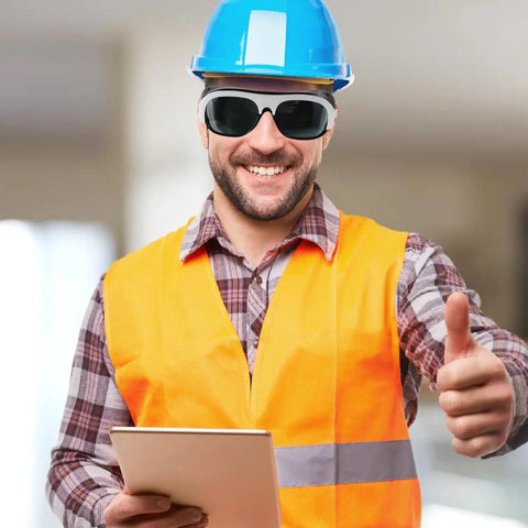 Killer Welding Safety Glasses With Dang Tough Scratch Proof Lens And Boss Level Spark Shield on worker with a hard hat and safety vest
