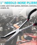 Beefy Long Reach 11 Inch Plier Set With 5 Pieces Including Straight Needle Nose Pliers And Angled 25 Degree 45 Degree And 90 Degree Pliers Plus Circle Pliers For Hard To Reach Narrow Spaces shown near an automotive engine