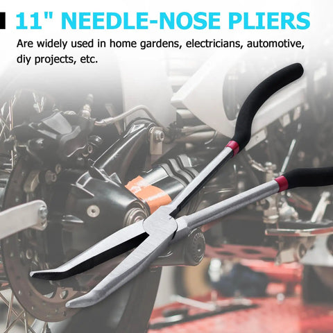 Beefy Long Reach 11 Inch Plier Set With 5 Pieces Including Straight Needle Nose Pliers And Angled 25 Degree 45 Degree And 90 Degree Pliers Plus Circle Pliers For Hard To Reach Narrow Spaces shown near an automotive engine