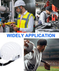 Two Pack PE Lined Bump Cap Inserts For Head Protection, Lightweight Universal Baseball Hard Hat Inserts With Adjustable Strap, White, Fits 58 To 62 Cm Heads, 180mm L x 190mm W x 105mm H, shown in various work and sport settings