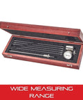 Crankshaft Distortion Dial Gauge With Balancing Attachment, White Face in wooden case showcasing wide measuring range.