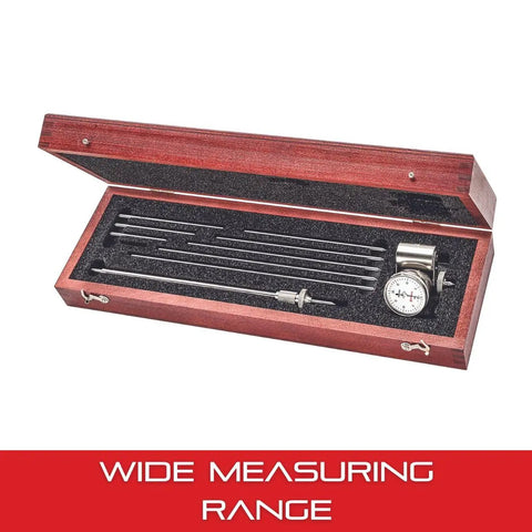 Crankshaft Distortion Dial Gauge With Balancing Attachment, White Face in wooden case showcasing wide measuring range.